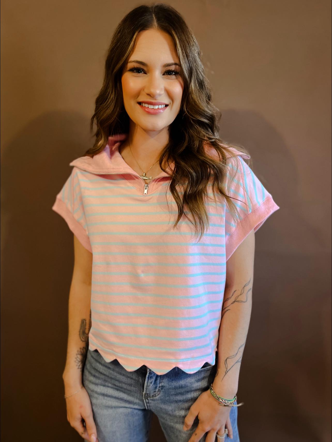 Pink & Blue Scalloped Blouse